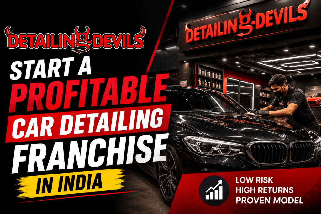 Luxury car detailing franchise promotional thumbnail featuring a premium black sports car inside a modern Detailing Devils studio with bold red and white text about starting a profitable car detailing franchise in India.